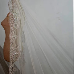 Full Crystal Pearl Lace Veil Bridal Cathedral Luxury New Wedding Accessories White Veil with Metal Hair Comb Custom Made Veil