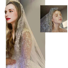 Full Crystal Pearl Lace Veil Bridal Cathedral Luxury New Wedding Accessories White Veil with Metal Hair Comb Custom Made Veil