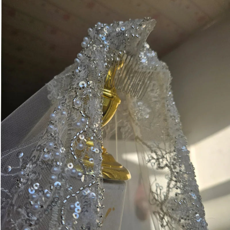 Full Crystal Pearl Lace Veil Bridal Cathedral Luxury New Wedding Accessories White Veil with Metal Hair Comb Custom Made Veil
