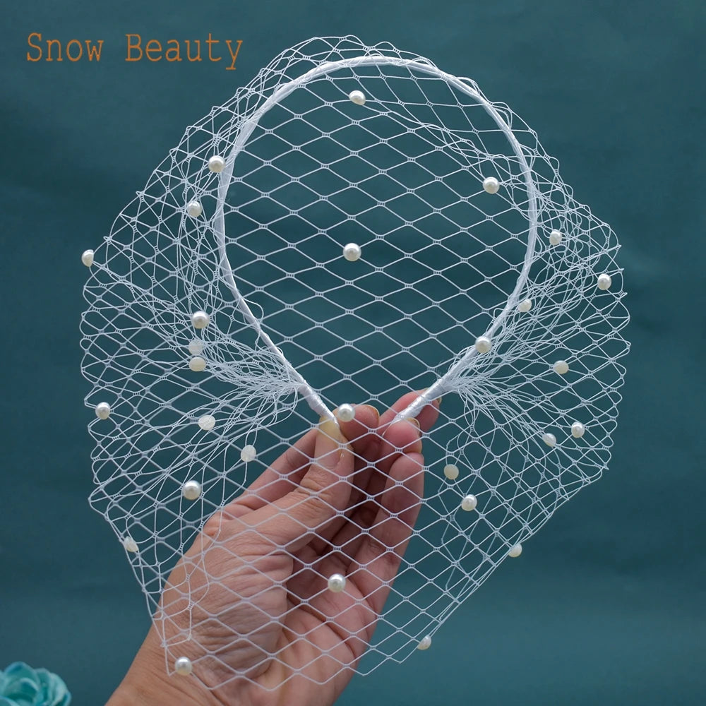 JM20 Pears Beads Bridal Birdcage Veil Accesorios para Boda Velo Novia Charming Wedding Birdcage Veil Party Headband Veil