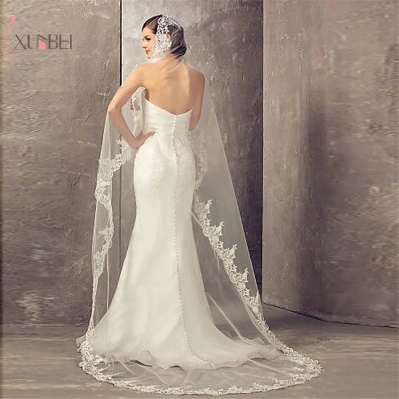 Long Luxury Wedding Veil Without Comb Lace Edge White Ivory Bridal Voile Marriage Cathedral Length Wedding Accessories New
