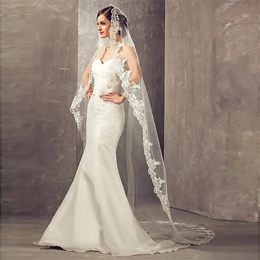 Long Luxury Wedding Veil Without Comb Lace Edge White Ivory Bridal Voile Marriage Cathedral Length Wedding Accessories New
