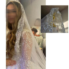 Full Crystal Pearl Lace Veil Bridal Cathedral Luxury New Wedding Accessories White Veil with Metal Hair Comb Custom Made Veil