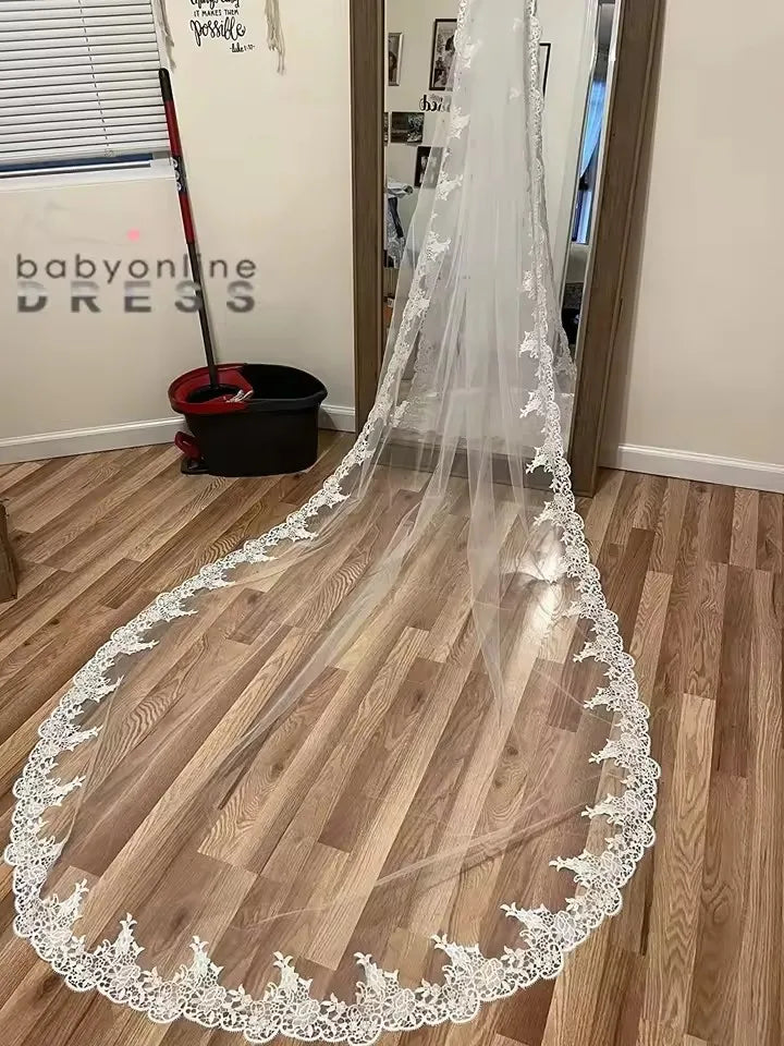 Long Luxury Wedding Veil Without Comb Lace Edge White Ivory Bridal Voile Marriage Cathedral Length Wedding Accessories New