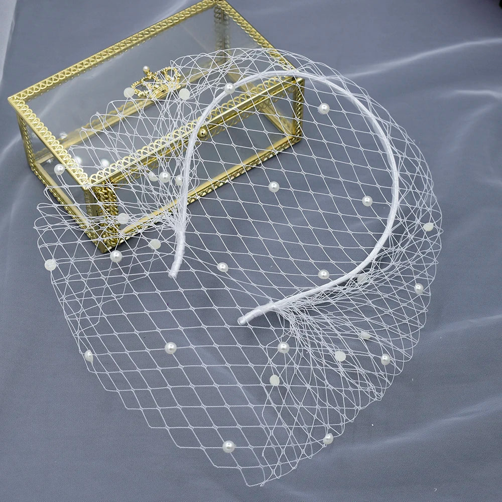 JM20 Pears Beads Bridal Birdcage Veil Accesorios para Boda Velo Novia Charming Wedding Birdcage Veil Party Headband Veil