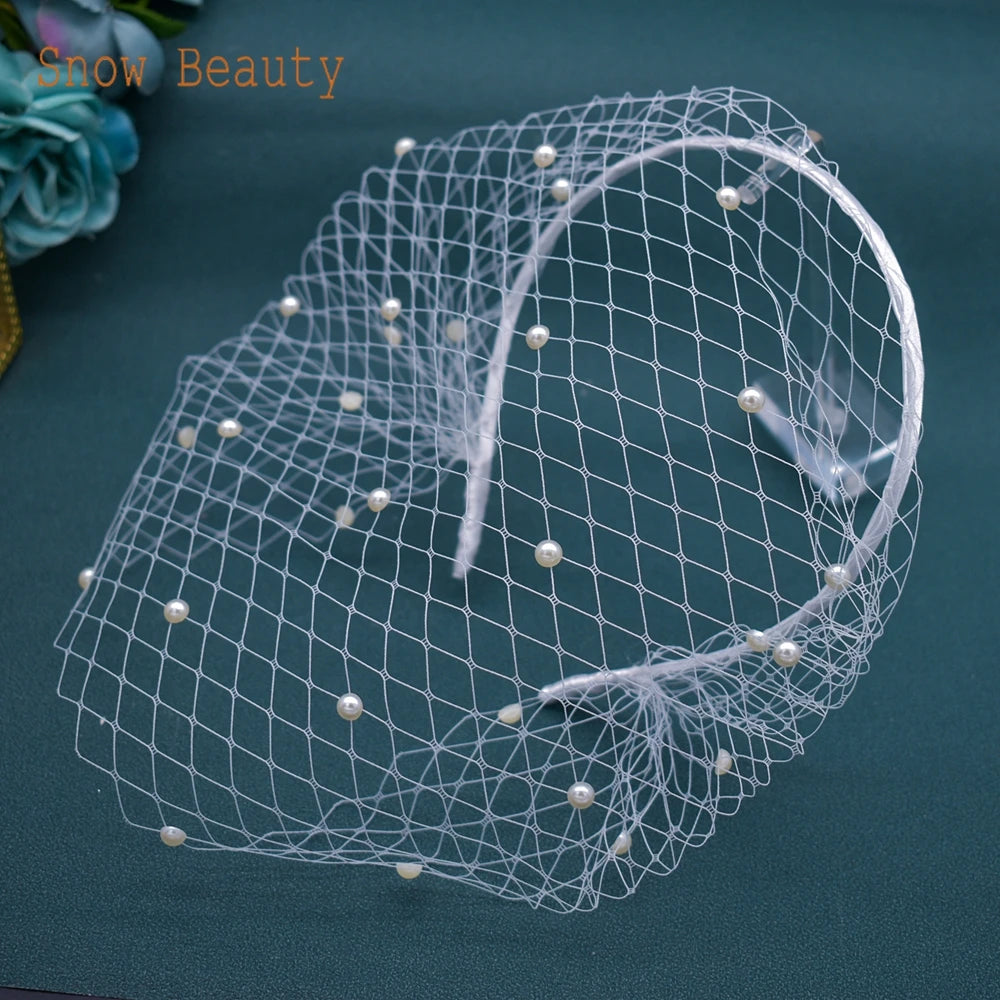 JM20 Pears Beads Bridal Birdcage Veil Accesorios para Boda Velo Novia Charming Wedding Birdcage Veil Party Headband Veil