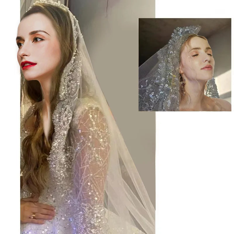 Full Crystal Pearl Lace Veil Bridal Cathedral Luxury New Wedding Accessories White Veil with Metal Hair Comb Custom Made Veil