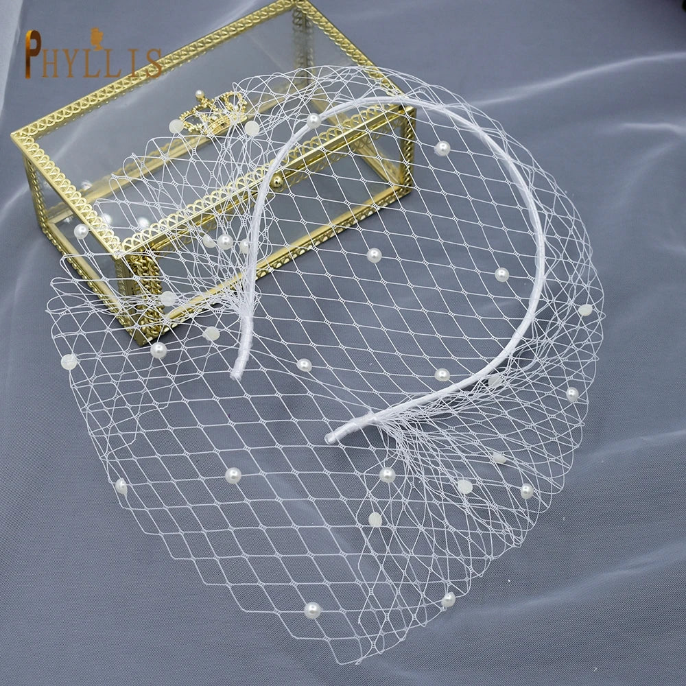 JM20 Pears Beads Bridal Birdcage Veil Accesorios para Boda Velo Novia Charming Wedding Birdcage Veil Party Headband Veil
