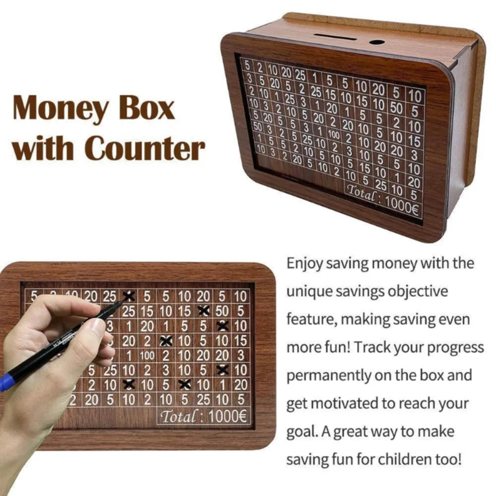 1000/2000/3000/5000/10000 Euro Money Box Wooden Piggy Bank Reusable Money Vault Savings Box Challenge Cash Storage Case Children